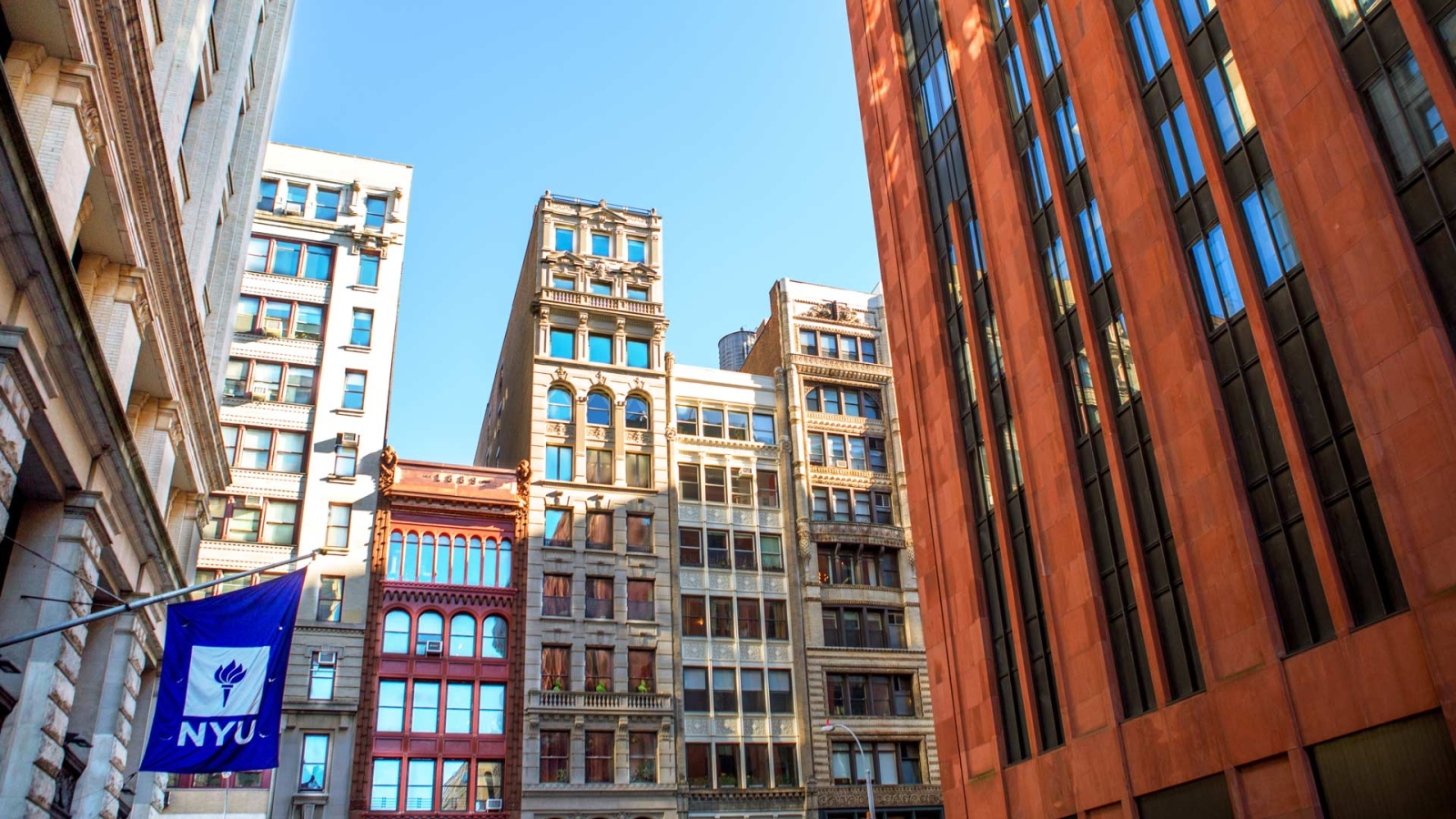 NYU buildings with violet flag