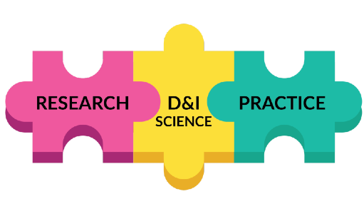 Three puzzle pieces reading "research", "D&I Science", and "Practice"