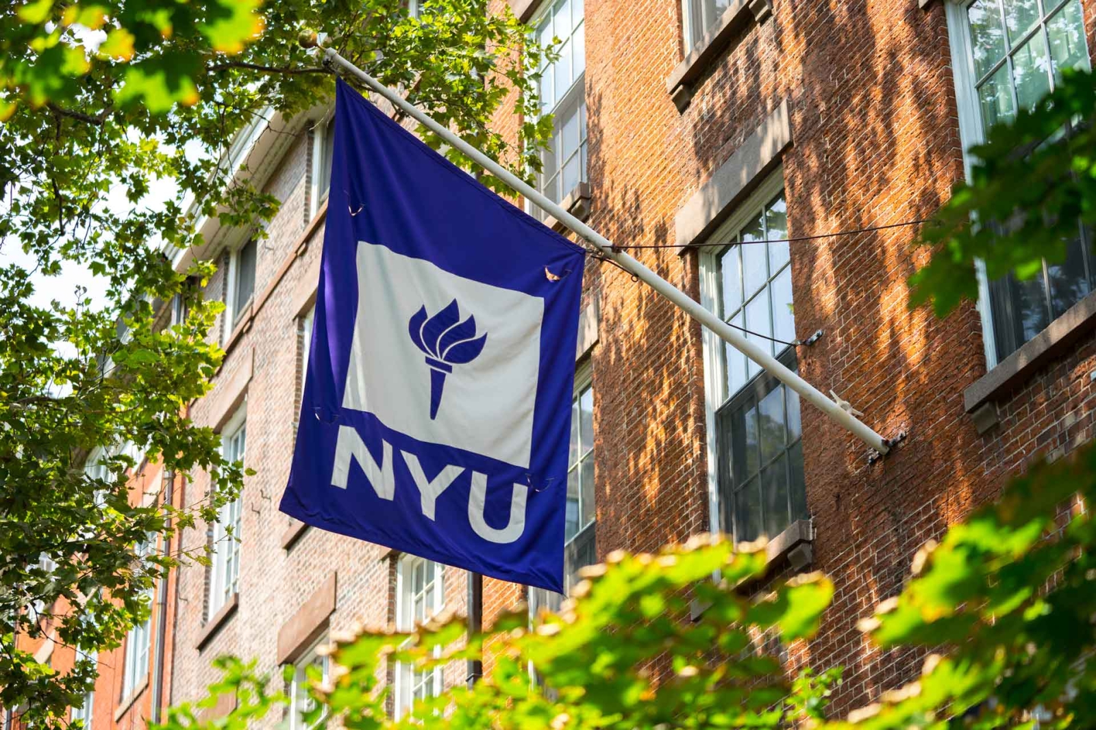 NYU Flag hanging outside brick building