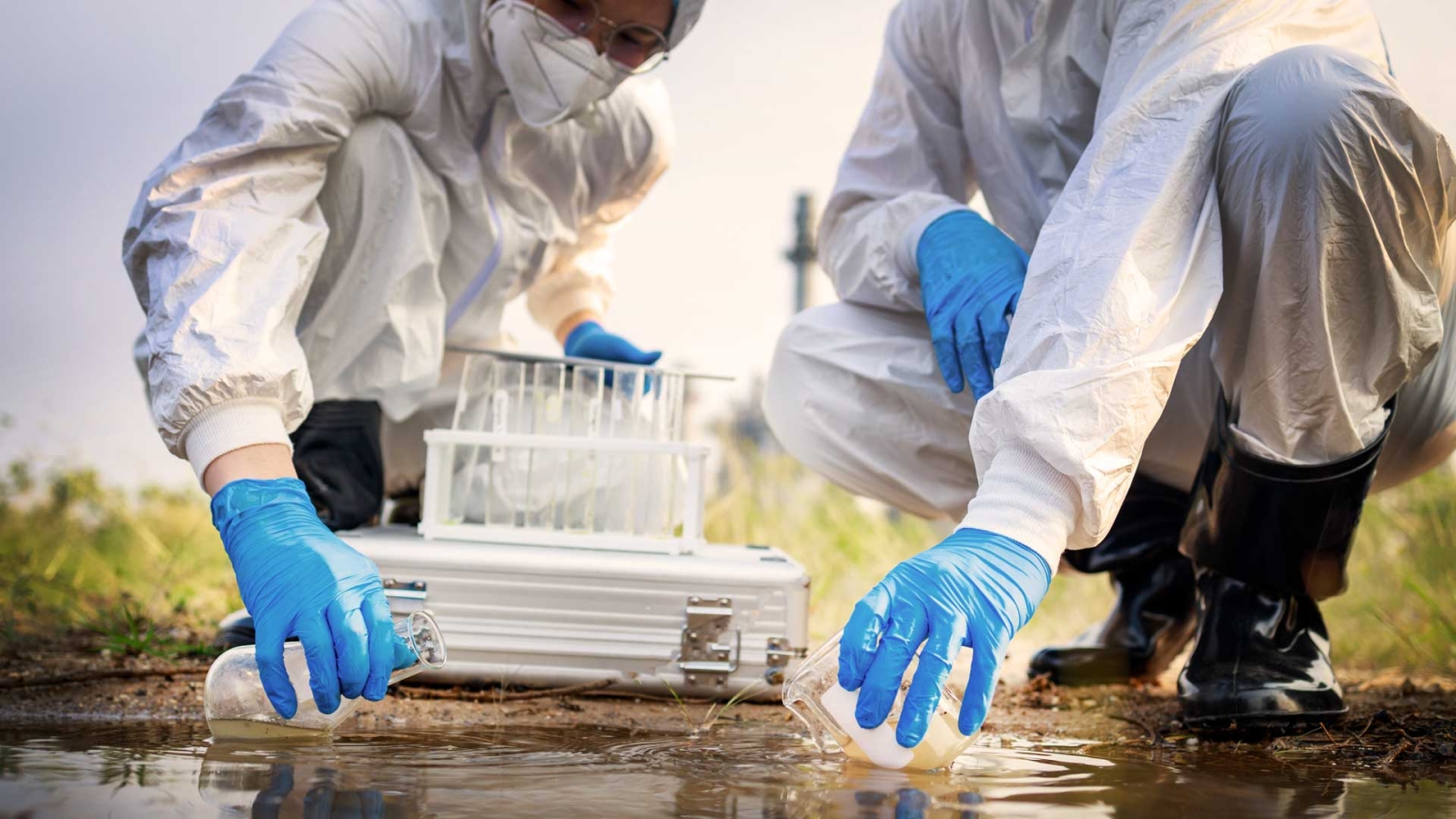 scientists taking water samples from a river