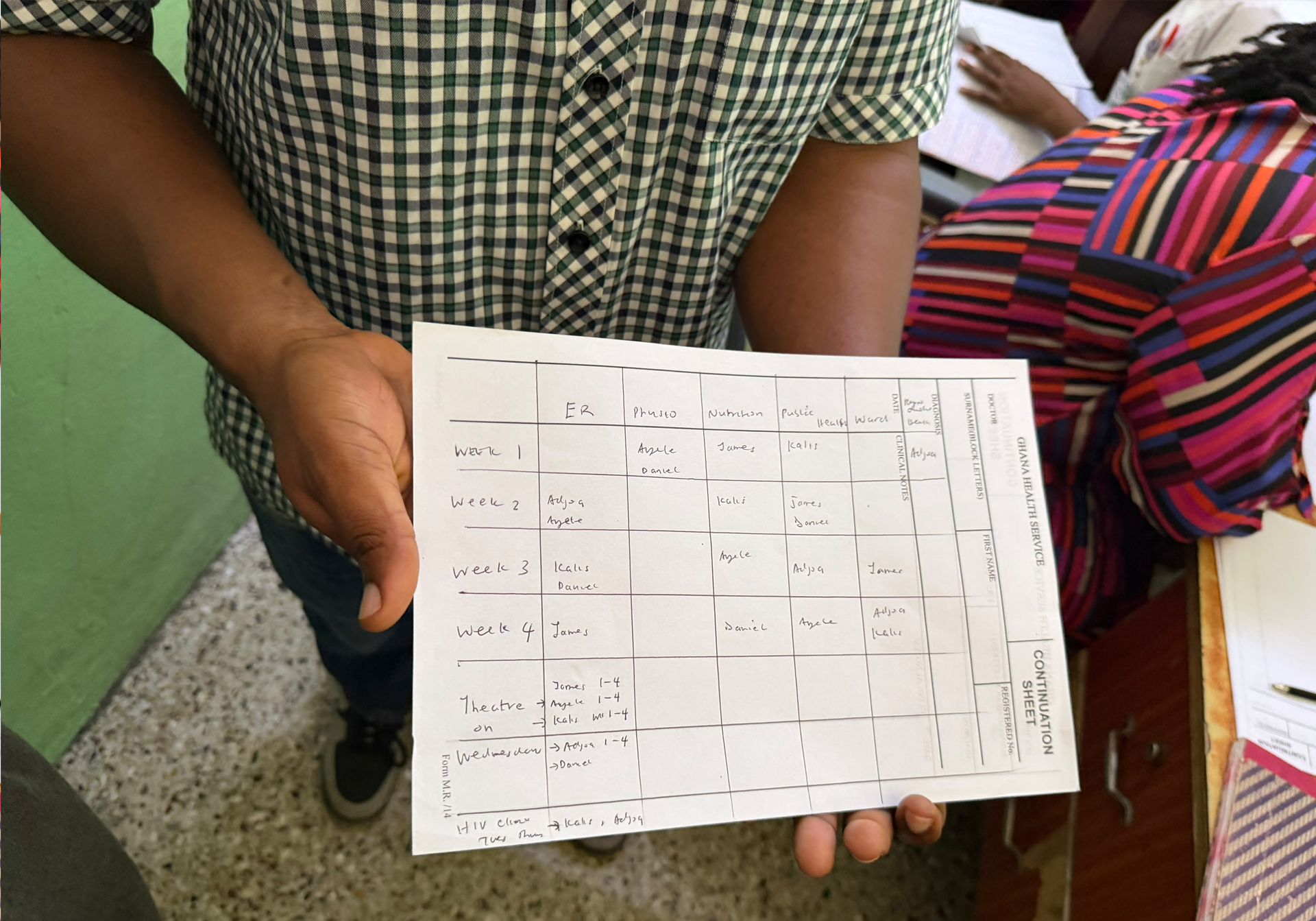 Showing the weekly schedule at at the Princess Marie Louise Children's Hospital in Ghana