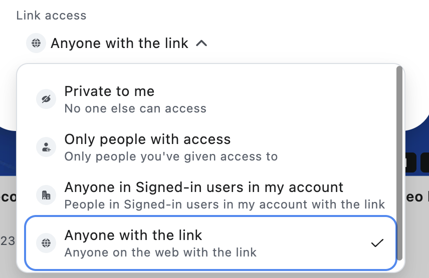 Zoom screenshot, link access menu dropdown, select "Anyone with the link"