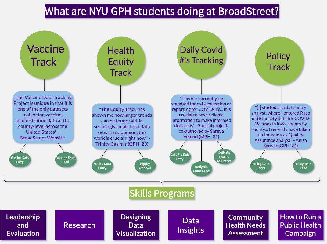 Diagram on what NYU GPH students are doing at BroadStreet