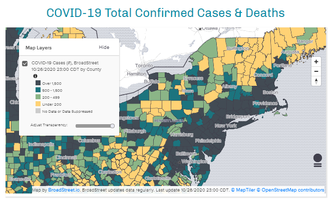 BroadStreet map depicting total confirmed COVID-19 cases and deaths in parts of the Northeast