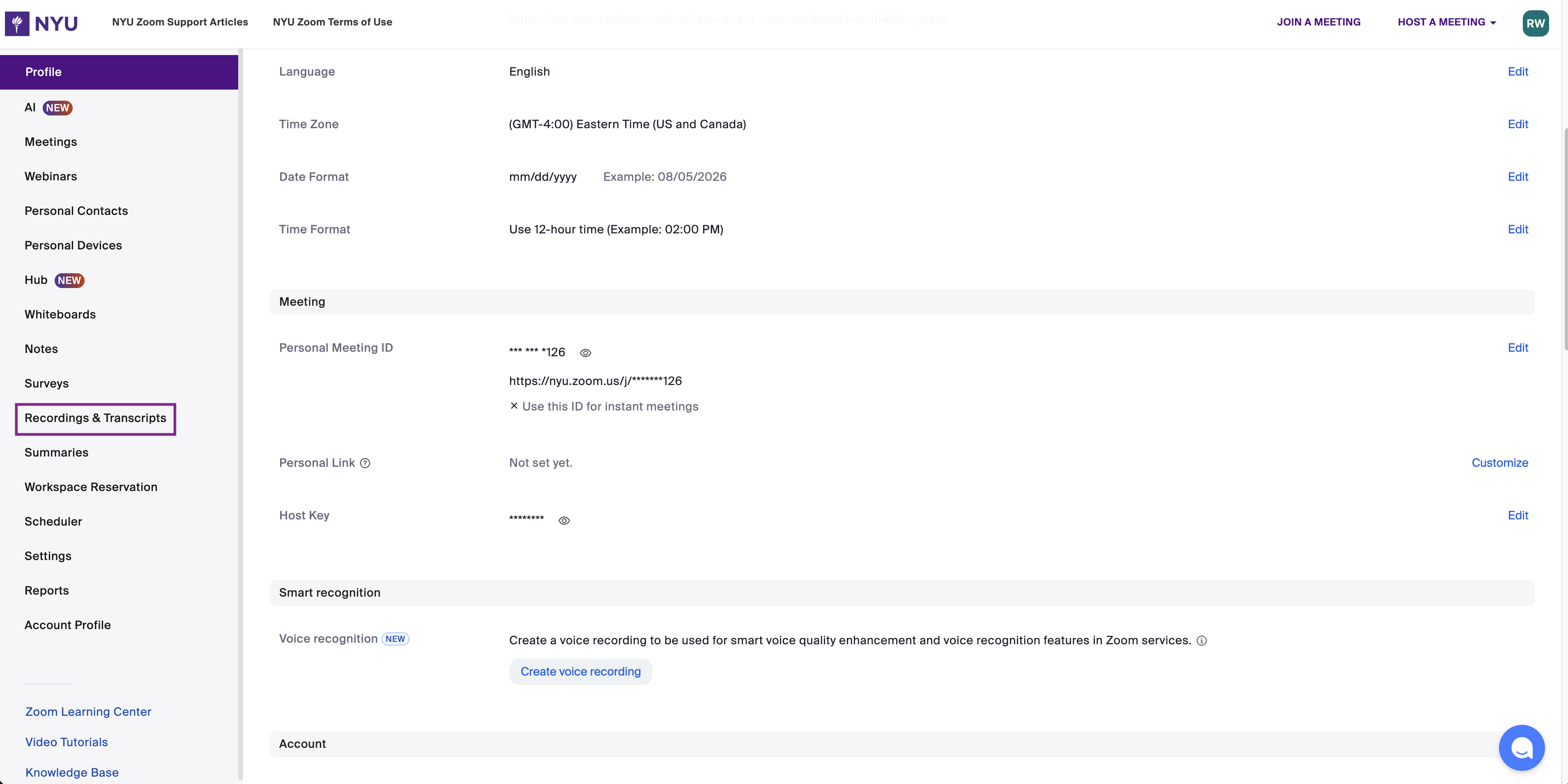 Zoom screenshot, box around "Recordings & Transcripts" in the menu