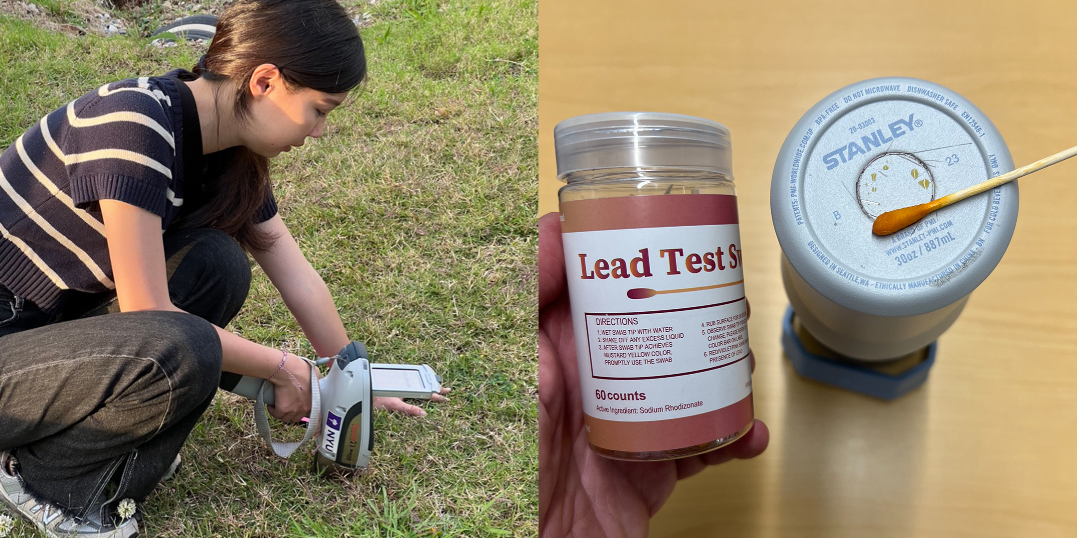 A picture of a GPH student testing for lead cable contamination and a picture of lead testing a Stanley cup