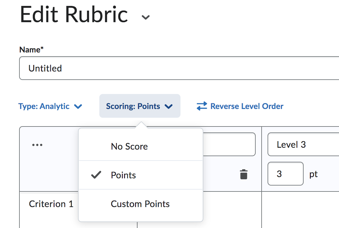 rubrics scoring points menu