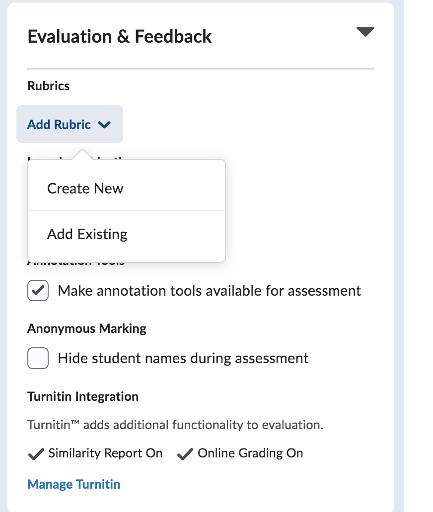 evaluation and feedback section of settings