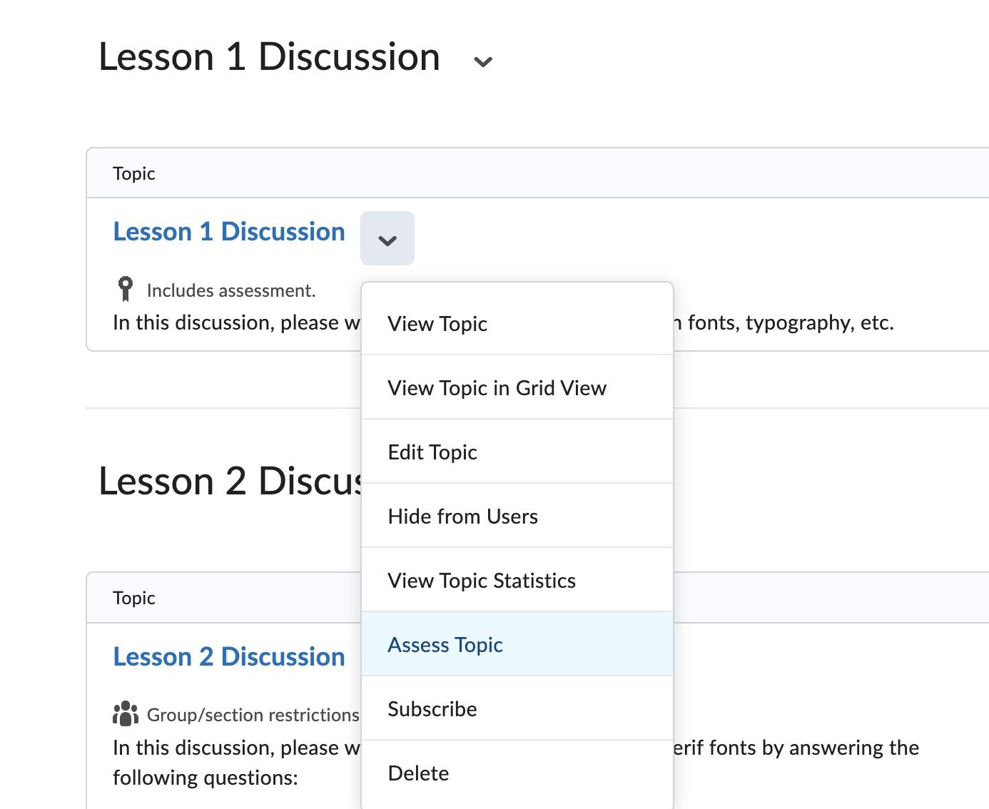 discussion topic menu assess topic shown