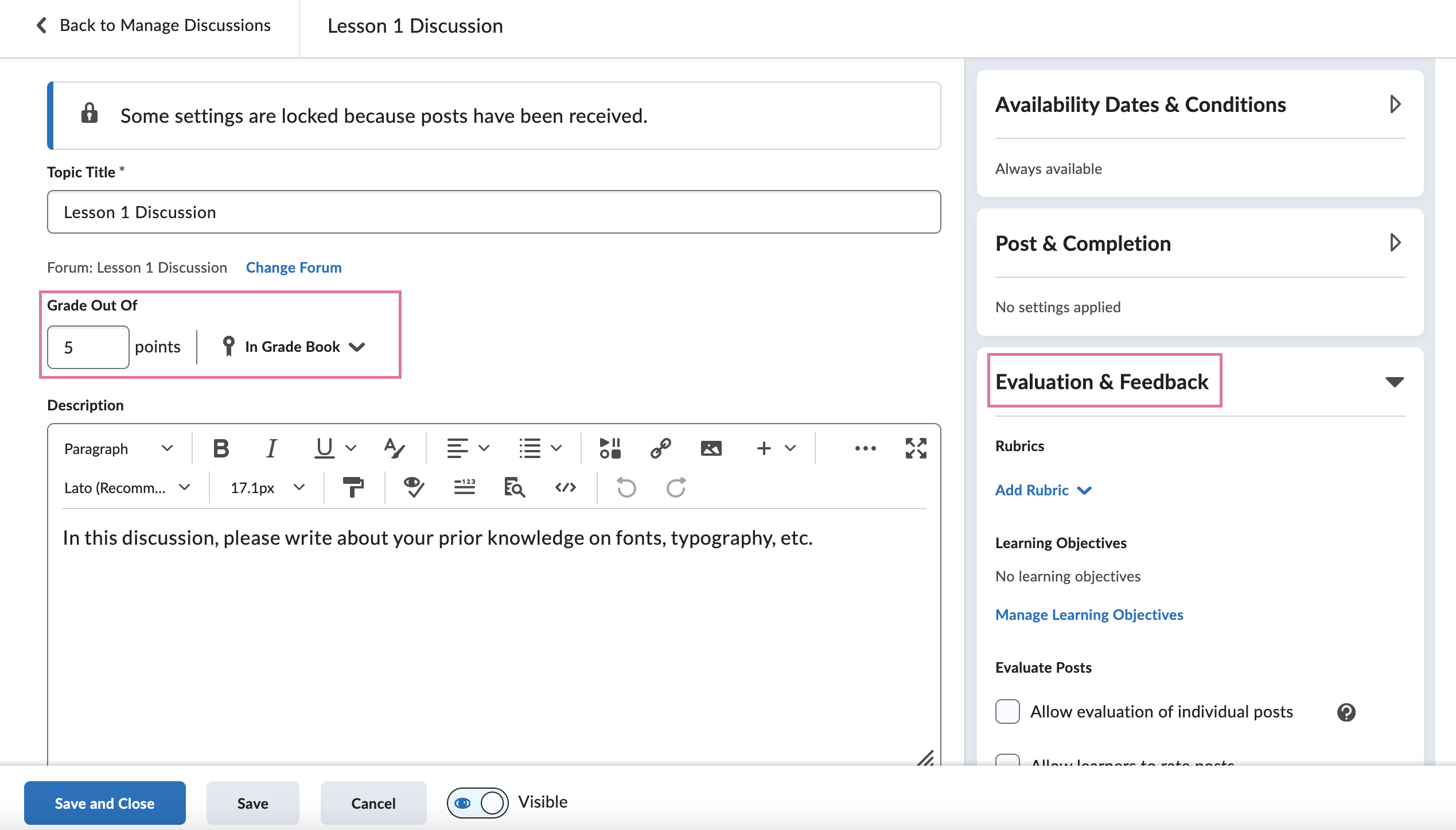 discussion topic settings page evaluation and feedback menu expanded