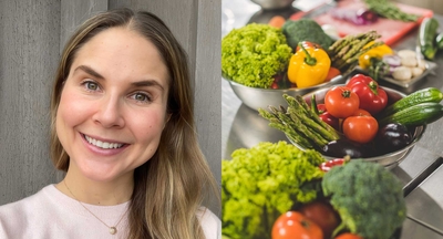 Headshot of Filippa Juul split screen with a presentation of vegetables