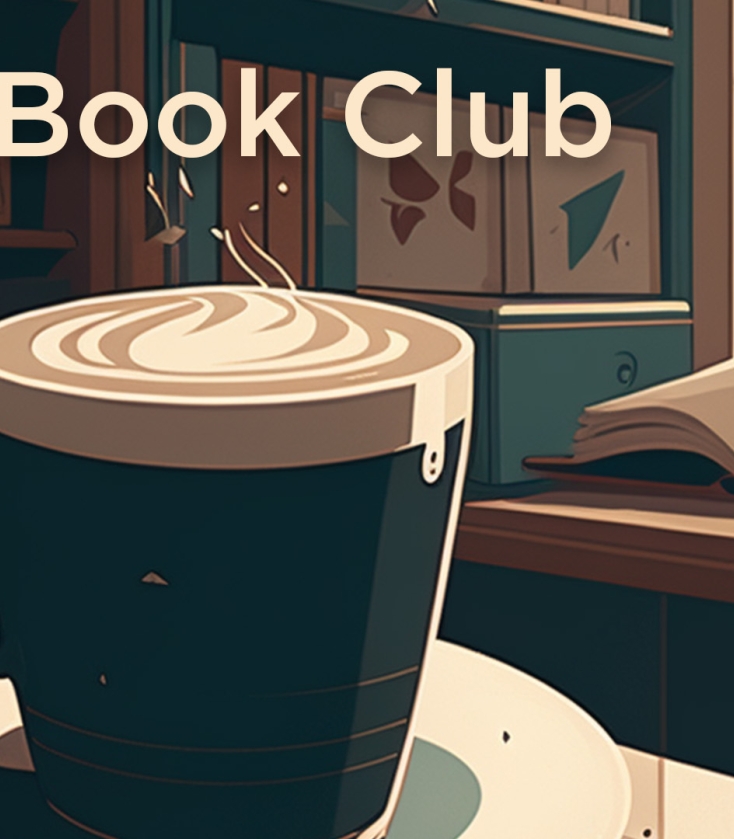 Text reads ACC Book Club with a coffee mug at the forefront of the image and books surrounding the beverage