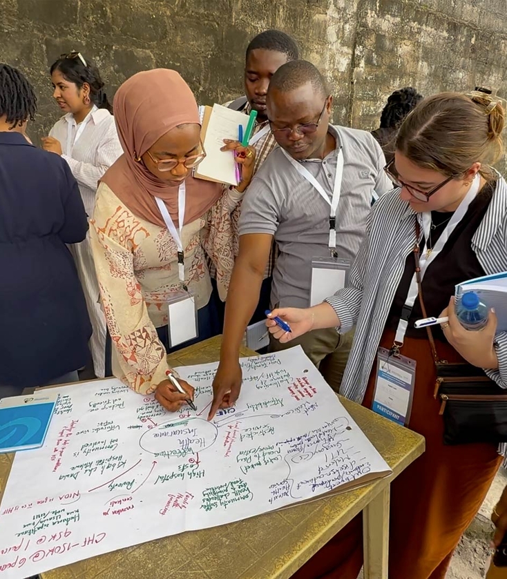 Students working in groups to draw a systems map