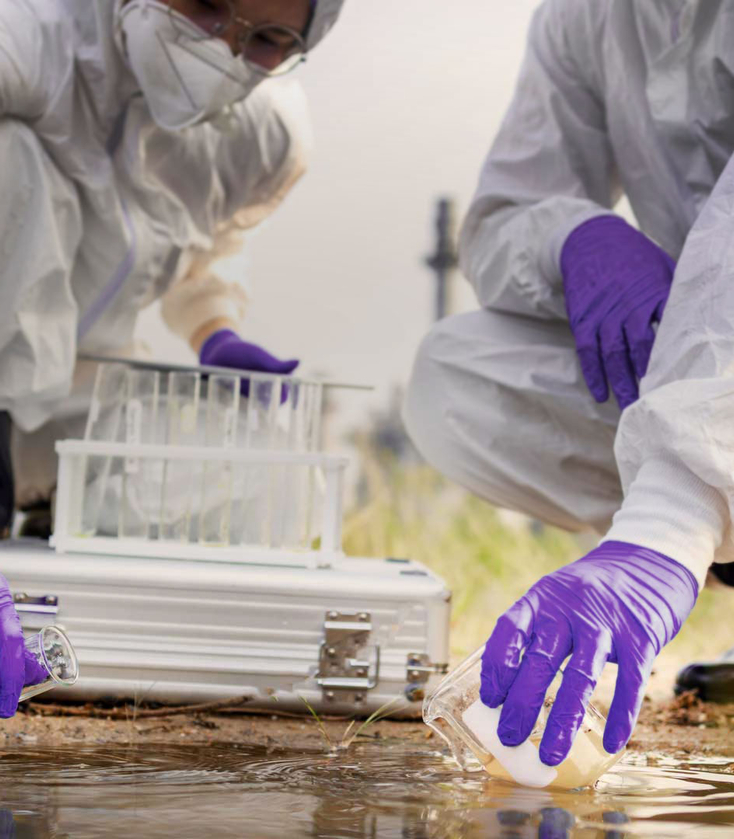Two scientists gathering water from a pond to test for contaminants