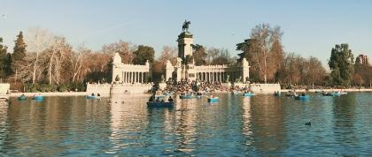View of the Monumento a Alfonso XII at Retiro Park in Madrid.