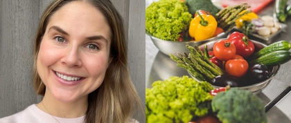 Headshot of Filippa Juul split screen with a presentation of vegetables